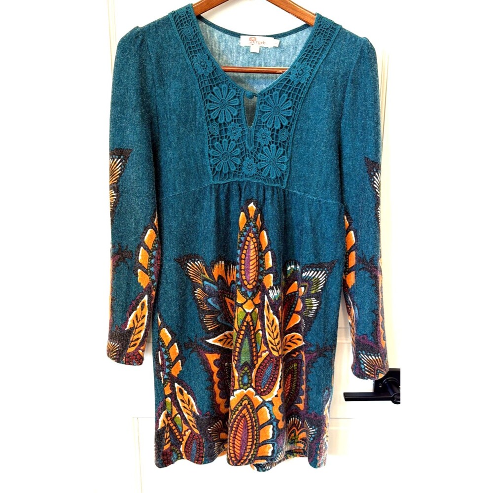 Vtg Crochet Teal Blue Long Sleeve Mini Dress S Artsy Babydoll Boho Indie Hippie